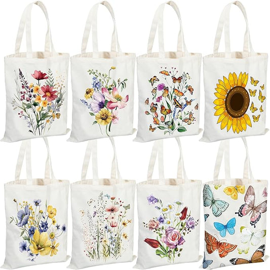 Sweetude 8 Pack Christmas Book Club Gifts Book Lovers Tote Bag Bulk Bookish Canvas bag Librarian Readers Gifts for Women(Butterfly)