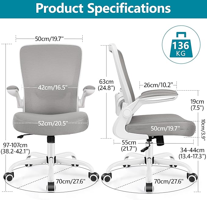 FelixKing Ergonomic Office Chair, Adjustable Height, Breathable Mesh Fabric, Lumbar Support, Gray