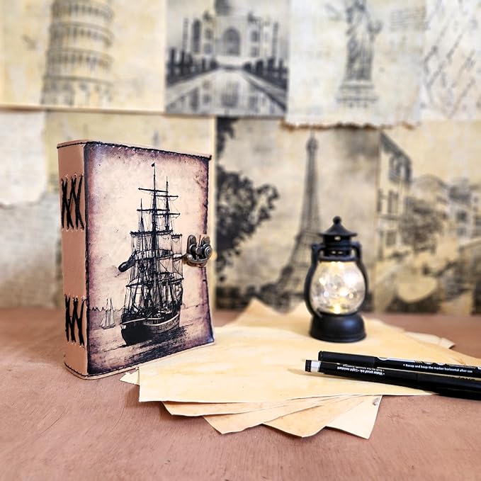Finun-Lthr Sailing Ship Leather Journal Dairy Notebook Sketchbook | 200 Deckle Papers | C-Shape Lock for Closure (7 * 5 inch)