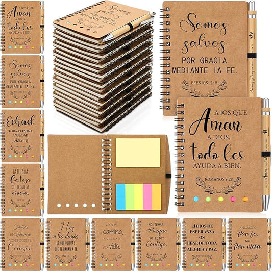 20 Pcs Spanish Christian Gifts Bulk Religious Notebooks with Bible Verse Pens,Inspirational Spiral Prayer Journal and Pen Set Church Gifts for Women Men Sunday Church Party Favors (Kraft)