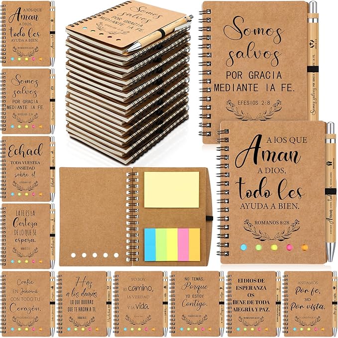 30 Set Spanish Christian Gifts Bulk Religious Notebooks with Bible Verse Pens,Inspirational Spiral Prayer Journal and Pen Set Church Gifts for Women Men Sunday Church Party (Kraft)