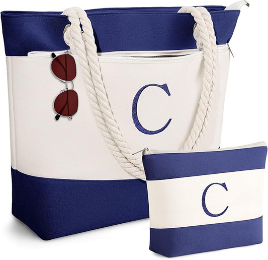 YOOLIFE Christmas Gifts for Women - Initial Canvas Tote Bag & Makeup Bag, Birthday Gifts for Women Mom Teacher Friend Sister