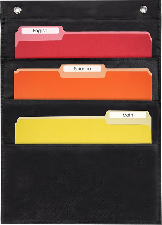 3 Pocket File Pocket Chart, Black, 14" Wide x 19.5" Tall - Versatile Wall Hanging File Folder Organizer for Classroom, Office, Home, and More - Wall Folder Organizer - 3 Pockets