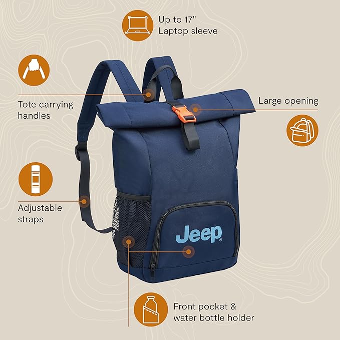 Jeep JS016D Rolltop Travel Backpack, Green, 17" Laptop