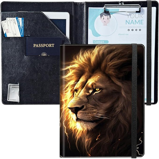 PU Leather Padfolio Clipboard Notepad with Pen Loop and Elastic Strap Interview/Resume Document Organizer for Business School Office,Lion with Lightning