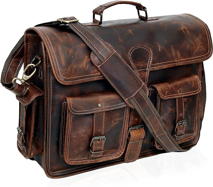 cuero Leather Briefcase Work Bag for Men Women Dark Brown Crossbody Genuine Leather Satchel Office Bag for Men Women 18 Inch Computer Travel Messenger Laptop Shoulder Bag Cureo