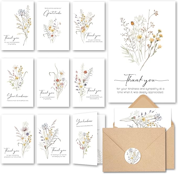 AUDREE 20 Pcs Funeral Thank You Cards with Envelopes Message Inside and Matching Stickers - Bulk 4×6 Watercolor Boho Wildflower Bereavement Thank You Cards For Funeral