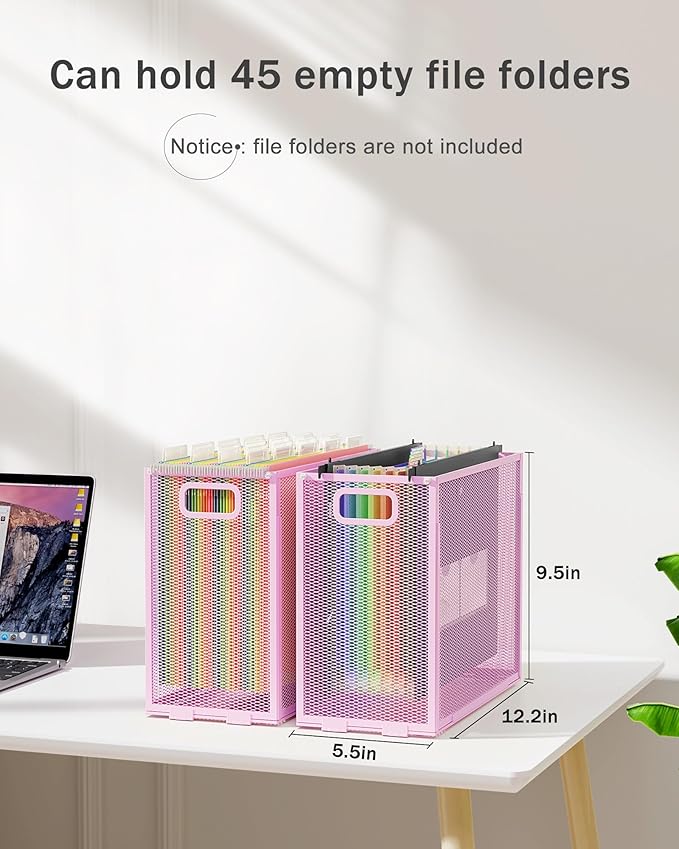 Oterri Hanging File Organizer, Metal File Organizer, Portable Desktop File Organizer for Letter Size Folder, Mesh Hanging File Crate for Office,Folders Not Included(Fairy Pink,2 Pack)