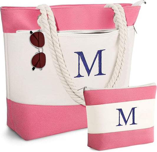 YOOLIFE Christmas Gifts for Women - Initial Canvas Tote Bag & Makeup Bag, Birthday Gifts for Women Mom Teacher Friend Sister