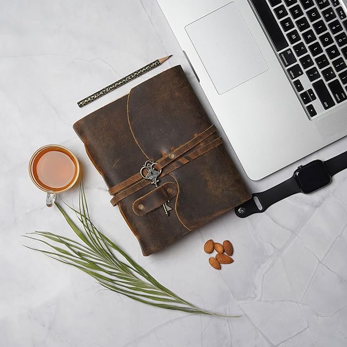 LEATHER VILLAGE Vintage Leather Journal – 200 Handmade Vintage Deckle Edge Paper – Leather bound Journal For Women Men – Vintage Key Closure - Book of Shadows - Cappuccuno Brown - 13X8 inches