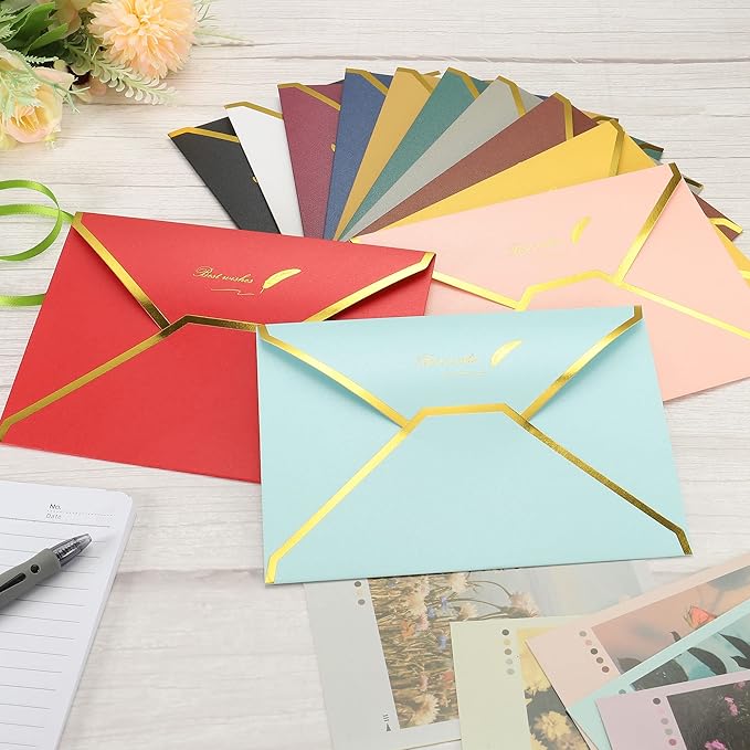 PATIKIL V Flap Envelopes, 10 Pack 7 x 5'' Luxury Style Gold Border Greeting Card Envelope for Invitations Weddings, White