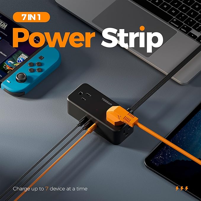 Black Extension Cord 5 Ft, Flat Surge Protector Power Strip with 4 Wide Spaced AC Outlets with 3 USB Ports (1 USB C), Ultra Thin Flat Plug with Surge Protection Desktop Organizers and Accessories