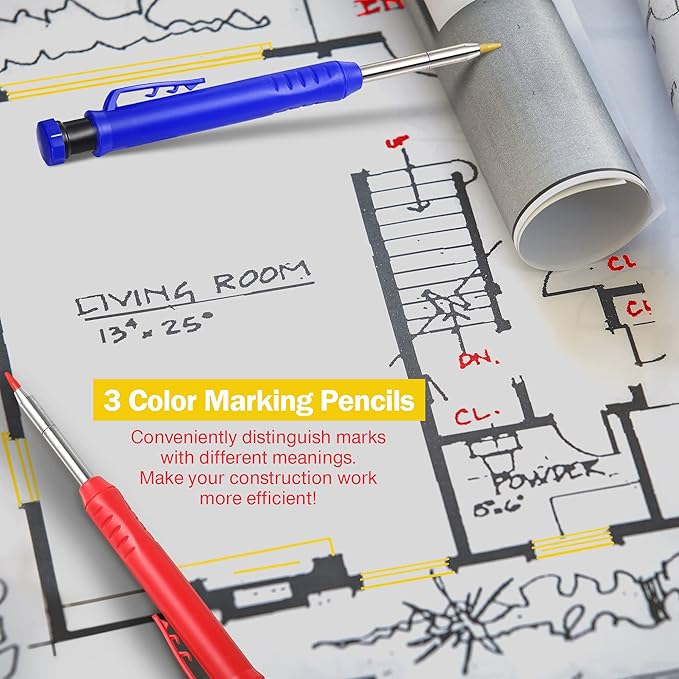 Hiboom 3 Pack Solid Carpenter Pencil with 21 Refill, Long Nosed Deep Hole Mechanical Pencil Marker with Built in Sharpener for Carpenter, Design Patent (Blue, Red, Black Cover)