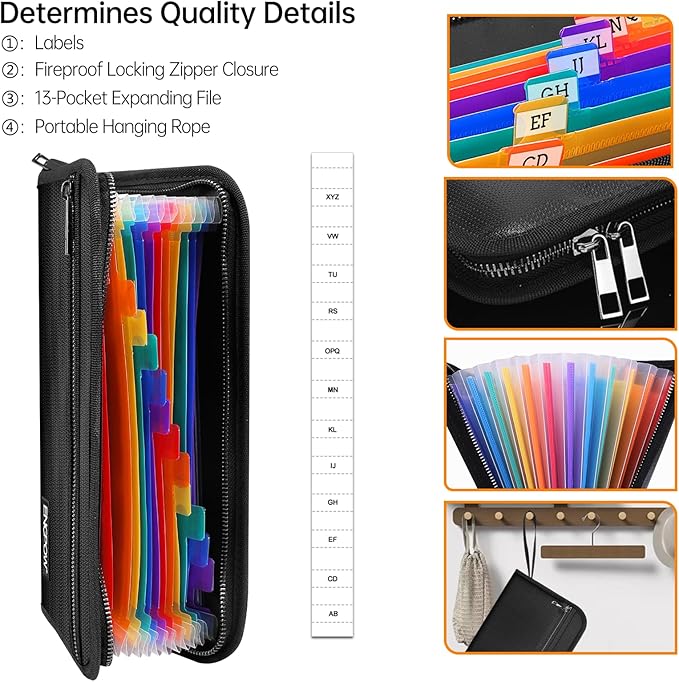 ENGPOW Receipt Coupon Organizer,Fireproof 13 Pockets Expanding File Folder Small Accordian File Organizer,Portable Filing Wallet Holder with Zipper & Labels for A5 Size Files and More(11.4" x 6.3")