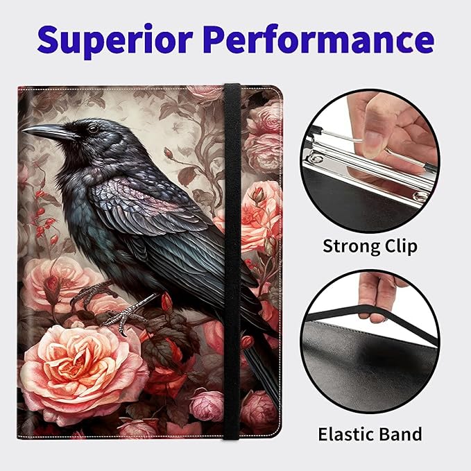 Bird and Roses PU Leather Padfolio Clipboard Notepad with Pen Loop and Elastic Strap Interview/Resume Document Organizer for Business School Office