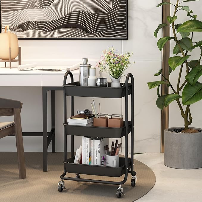 3-Tier Black Utility Rolling Cart,Kitchen Storage Carts with Wheels,Black Metal Rolling Cart for Office,Home,Kitchen,Garden（18"x11.4"x31.2"）