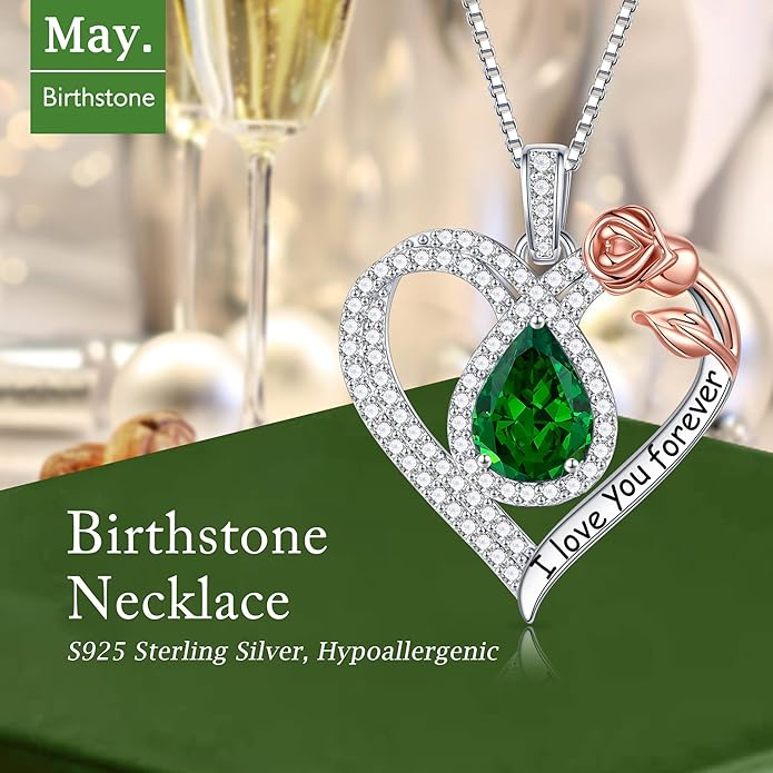 Hidepoo Christmas Gifts for Women Mom Wife - Sterling Silver Rose Heart Birthstone Necklace I Love You Forever Heart Pendant Teardrop Necklace Jewelry Anniversary Valentines Christmas Birthday Gifts