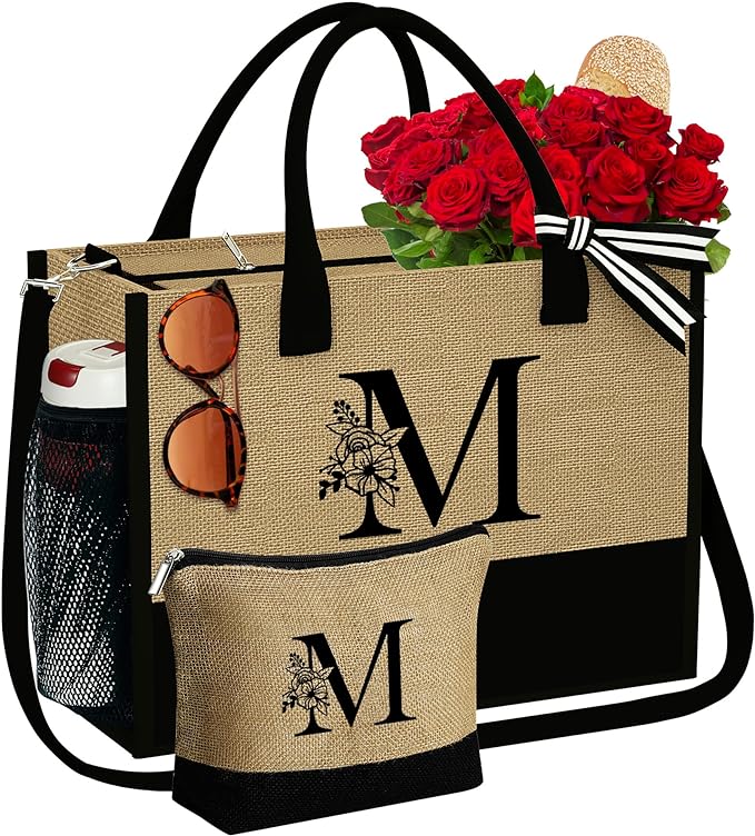 YOOLIFE Christmas Gifts for Women, Initial Jute Tote Bag with Zipper Grandma Mom Bride Teacher Gifts Birthday Gifts for Women