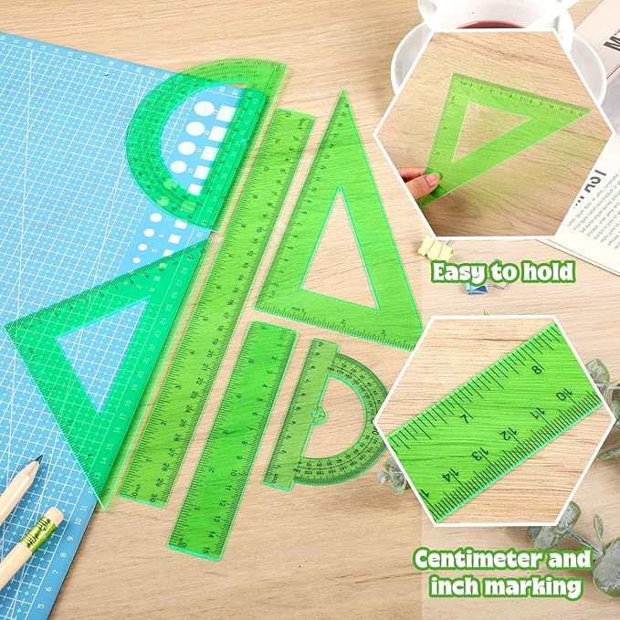 Tenare 6 Pcs Plastic Ruler Math Set Includes 12 Inch 6 Inch Straight Ruler Protractor Triangle Rulers Geometry Transparent Math Ruler Measuring Tools for School Office Home(Green)