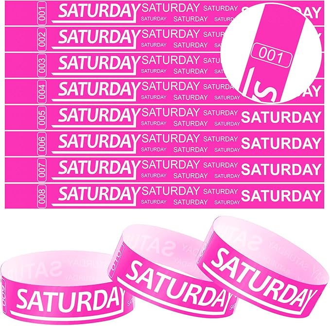 Henoyso 600 Pcs Saturday Paper Wristbands Event Wristbands Paper Bracelets Wristbands Numbered Waterproof Party Wristbands for Events Day of The Week(Rose Red)