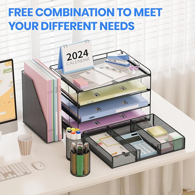 Desk Organizers and Accessories, Desk Accessories & Workspace Organizers for Office Supplies, File Organizer Desk Drawer Organizer with 2 Pen Holders, 4 Tier Paper Organizer for Desk(Black)