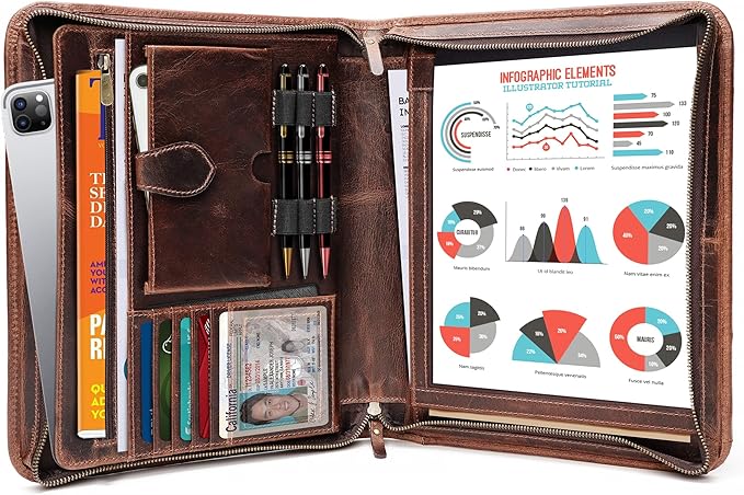 Leather Portfolio Binder, Professional Organizer Padfolio – Resume Folder, Business Card & Document Holder, Portfolios for Men & Women, Office & Business Supplies by Luxeoria | (Large - Brown)