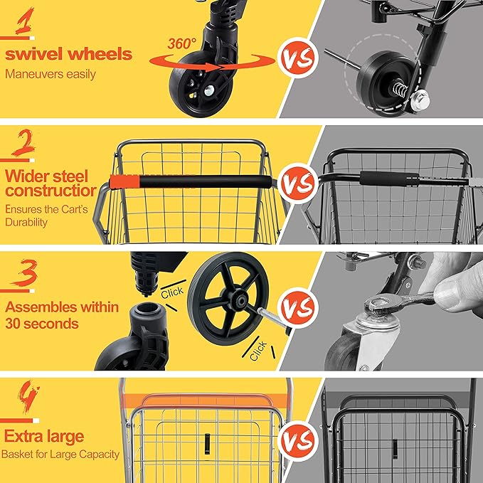 Wellmax WM99024S Grocery Utility Shopping Cart, Easily Collapsible and Portable to Save Space and Heavy Duty, Light Weight Trolley with Rolling Swivel Wheels