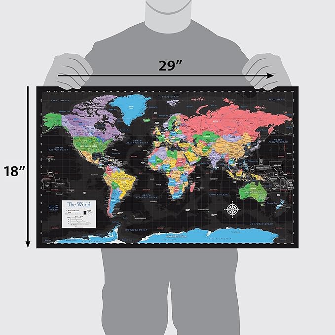 2 Pack - Laminated World & US Map Poster Set - Wall Chart Map of the World & United States - Made in the USA [Black]