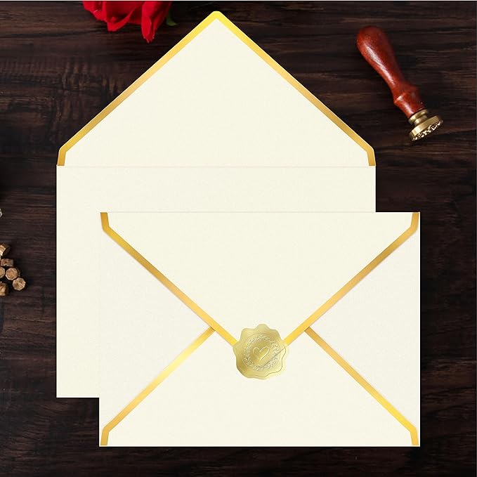 60 Pack Gold Envelopes 5x7 Bulk Beige, 250G Pearled Cardstock A7 Envelopes for Invitations Business Mailing Envelope with Gold Foil Border, A6 4x6 Envelopes for Wedding Baby Shower Cards