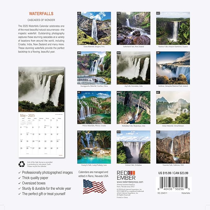 RED EMBER Waterfalls 2025 Wall Calendar 12 Month | 12" x 24" Open | Thick & Sturdy Paper | Giftable | Calendar 2025