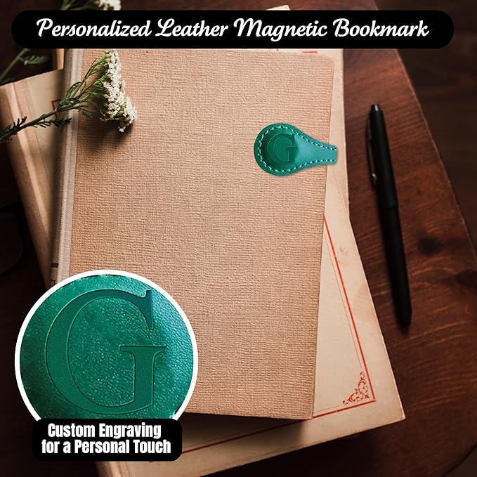 Personalized Leather Magnetic Bookmarks (1 Pack) Vintage Custom Engraved Initial ID Identification Book Marker Clip Gift for Book Lover Avid Readers (Letter G, Green)