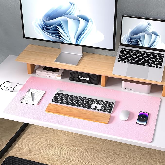 Aothia Leather Desk Pad Protector, Mouse Pad, Office Desk Mat, Non-Slip PU Leather Desk Blotter, Laptop Desk Pad, Waterproof Desk Writing Pad for Office and Home (31.5" x 15.7", Fairy Pink)