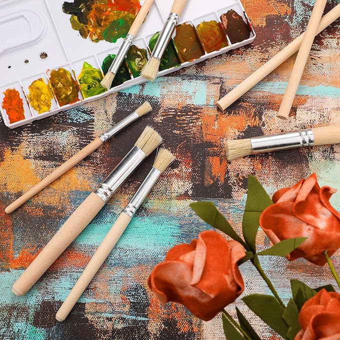 Wooden Stencil Brushes Natural Stencil Bristle pens Dome Art Painting pens Wood Template Brush for Acrylic Oil Watercolor Art Painting DIY Crafts Card Making Supplies, 3 Sizes(12 Pieces)