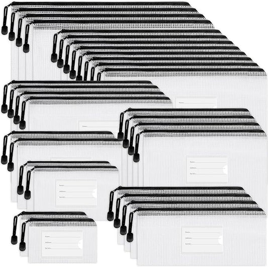 EOOUT 30pcs Mesh Zipper Pouch Bags, Waterproof, Plastic Zip File Document Folders, 8 Sizes Zipper Pouch for School Office Supplies Cosmetics and Board Game Storage