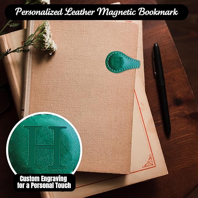 Personalized Leather Magnetic Bookmarks (1 Pack) Vintage Custom Engraved Initial ID Identification Book Marker Clip Gift for Book Lover Avid Readers (Letter H, Green)