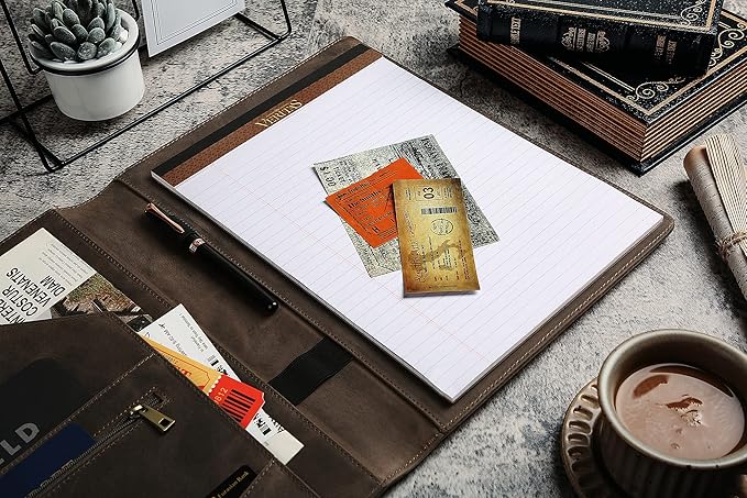 Personalized Leather Portfolio for Men, Engraved Leather Clipboard Portfolio Binder, Custom Leather Resume Padfolio for Women, Christmas Gift for His/Her (Notepad, Grey-Custom)