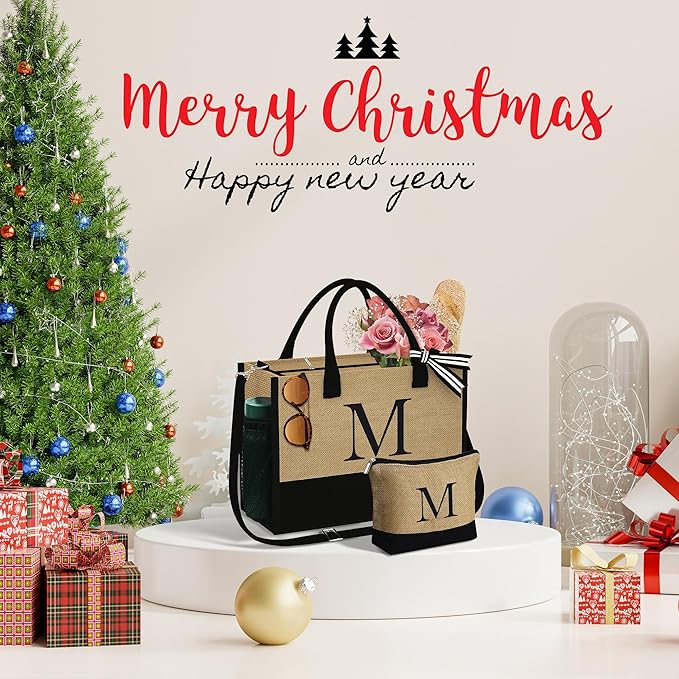 YOOLIFE Christmas Gifts for Women - Initial Jute Tote Bag & Makeup Bag, Birthday Gifts for Women Her Mom Teacher Friend