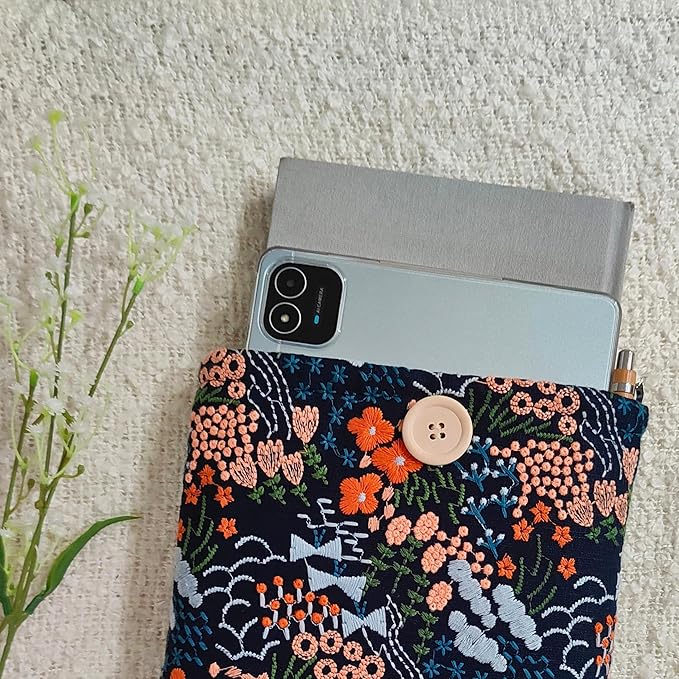 Floral Embroidered Canvas Book Sleeve - Elegant Book Cover, Padded Protector for Paperbacks & Hardcovers, Ideal for Book Lovers, Wooden Button (Meadow, Blue, Large)