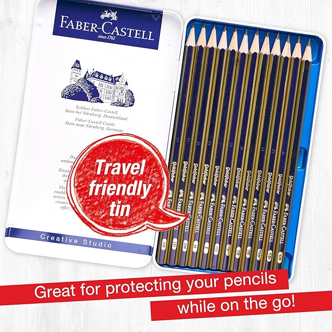 Faber-Castell Graphite Pencils Drawing Set: 12 Art Pencils for Sketching (4H, 3H, 2H, H, F, HB, B, 2B, 3B, 4B, 5B, and 6B), Shading Pencils for Drawing and Sketching, Graphite Drawing Kit, FC900012