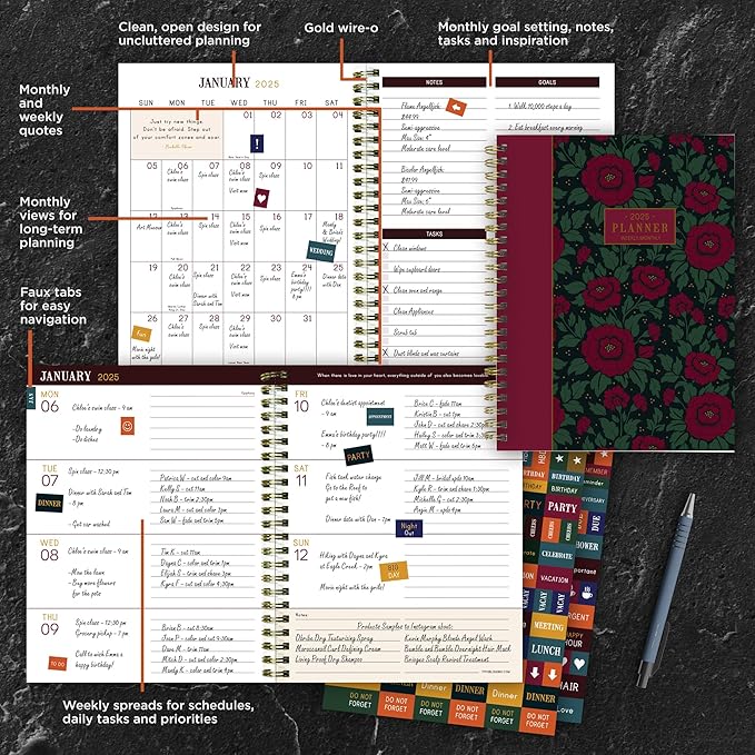 TF PUBLISHING 2025 Victorian Blooms Medium Weekly Monthly Planner - Goals & Task Trackers - Planner Monthly and Weekly with Organizer Stickers - 12 Month Calendar Planner - 6.5" x 8"