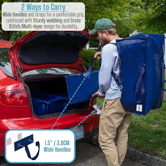 VENO 2 Pack Moving Bags w/Backpack Straps, Moving Boxes & Storage Bins Alternative, Packing Supplies, Camping Accessories Totes for Storage, Dorm Room Essentials Storage Bags (Blue, 2 Pack)
