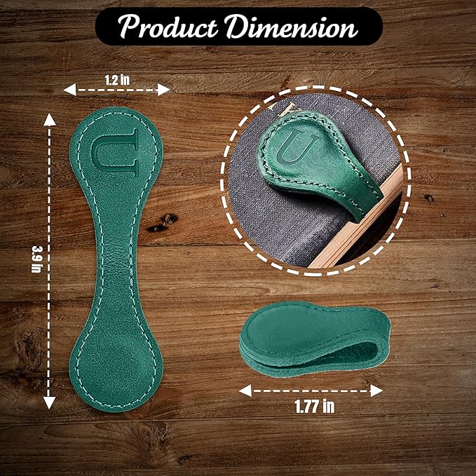 Personalized Leather Magnetic Bookmarks (1 Pack) Vintage Custom Engraved Initial ID Identification Book Marker Clip Gift for Book Lover Avid Readers (Letter U, Green)
