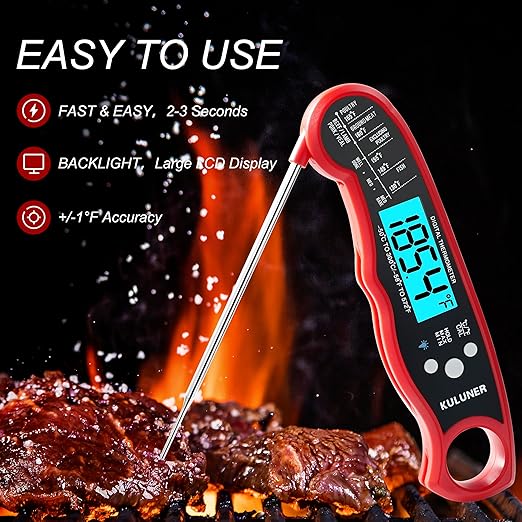 TP-01 Waterproof Digital Instant Read Meat Thermometer with 4.6 Folding Probe Backlight Calibration Function for Cooking Food Candy, BBQ Grill, Liquids,Beef（Red）