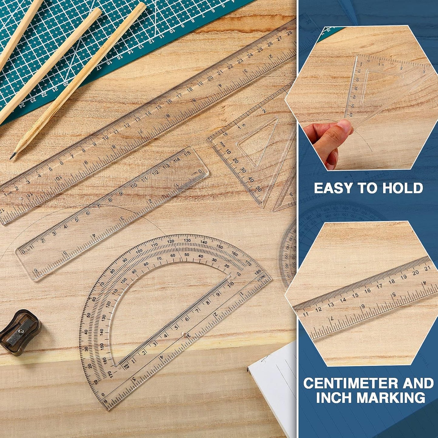 Tenare 288 Pcs Plastic Clear Math Set Includes Protractor Triangle Rulers 12 Inch 6 Inch Straight Geometry Math Transparent Ruler Measuring Tool for School Office Home Supplies
