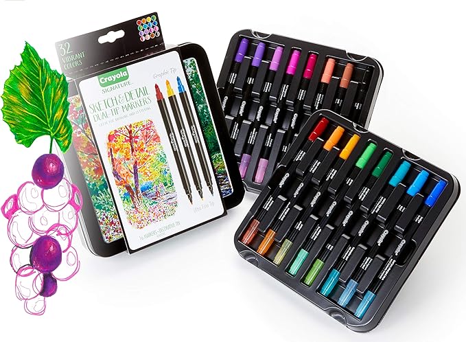 Crayola Sketch & Detail Dual-Tip Markers (16ct), Markers for Adult Coloring, Fine & Brush Tip Art Markers, For Calligraphy & Drawing