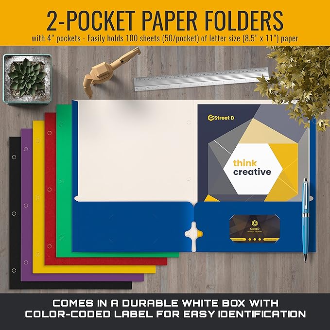 Better Office Products Letter Size Paper Portfolios Case of 100, Assorted Primary Colors, (Assorted, 2 Pocket Paper Folders)