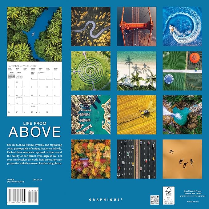 Graphique 2025 Life From Above Wall Calendar | 12” x 12” | Thick Paper | Home & Office Organizer | Large Monthly Grid | 3 Languages & Marked Holidays | 4 Month Preview Page for 2026