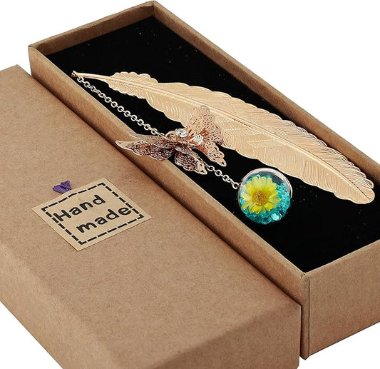 Toirxarn Gold Feather Bookmark with Butterfly Charm - Elegant Bookmarks for Women, Book Lovers Gifts, Book Marker for Reading, Teacher Appreciation Gifts, Unique Birthday Gifts, Stocking Stuffers