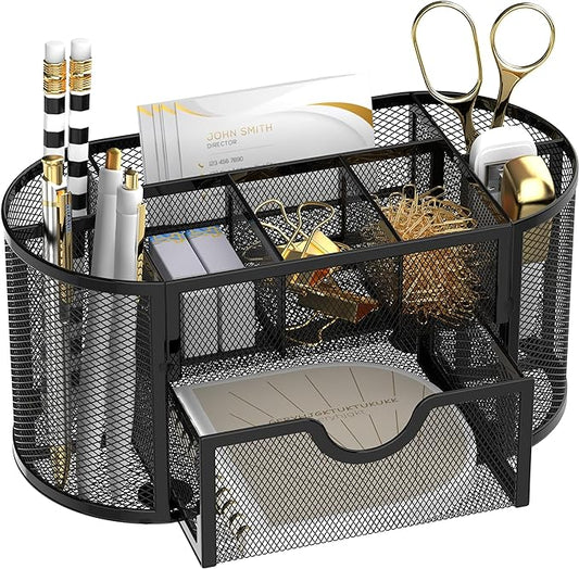 SUPEASY Mesh Desk Organizer, Desk Accessories & Workspace Organizers with Drawers, Pencil Holder for Desk with 9 Compartments for Office Supplies, 8.6 x 4.3 x 4.1 Inch, Black