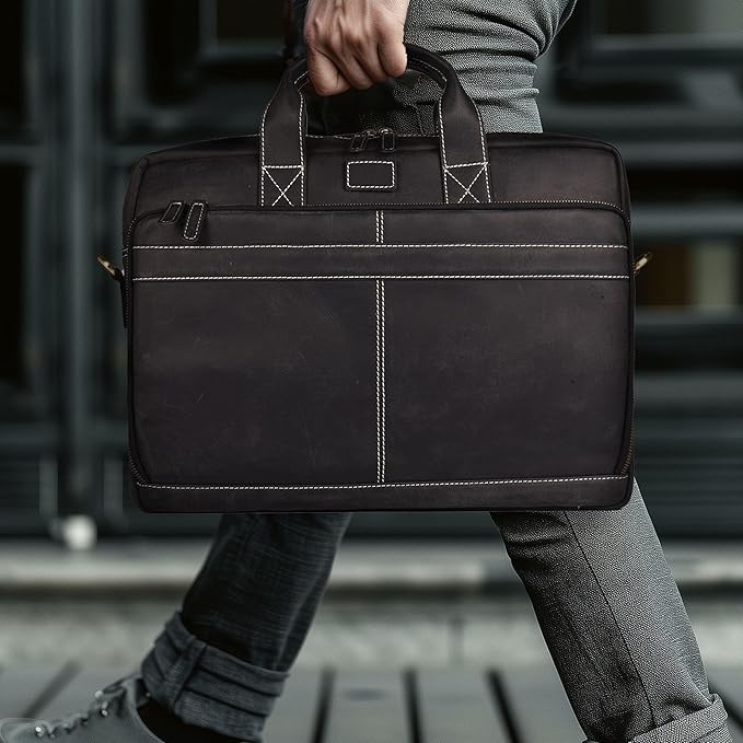 LEATHER VILLAGE 16" Leather Laptop Messenger Briefcase Bag for Men-Leather Satchel for Travel and Office Shoulder Bag-Black